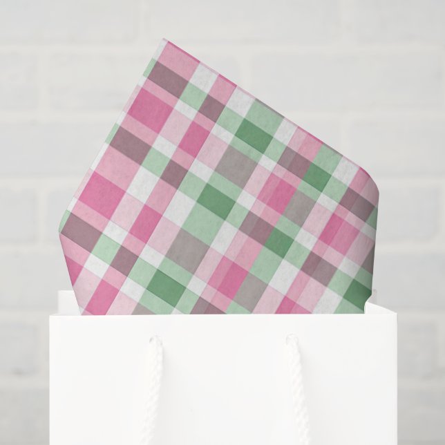 Papel De Seda Xadrez Rosa e Verde Préppy (Sacola de presentes)