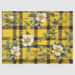 Papel De Seda Xadrez Rústica Amarela e Preta com Flores Brancas 