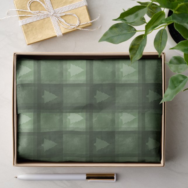 Papel De Seda Xadrez Verde Com Padrão de Natal em Formato de Árv (Presente)
