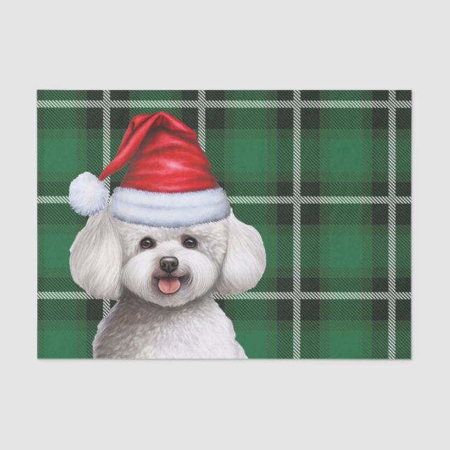 Papel De Seda Xadrez Verde de Natal e Cachorro Bichon Frise (Frente )