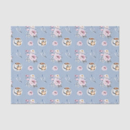 Papel De Seda Xícara Azul de Chá com Flores Rosas