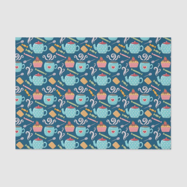 Papel De Seda Xícara de café Tea Biscuit Cupcake Teapot Blue (Frente )