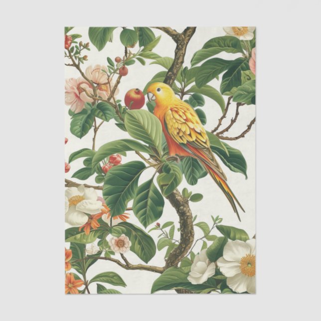 Papel De Seda Yellow Parakeet Perched on Tropical Flowers Branch (Frente )