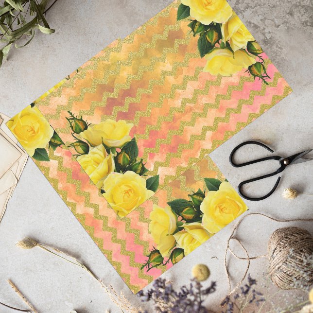 Papel De Seda Yellow Roses On Faux Gold Glitter Chevron Pattern (Criador carregado)