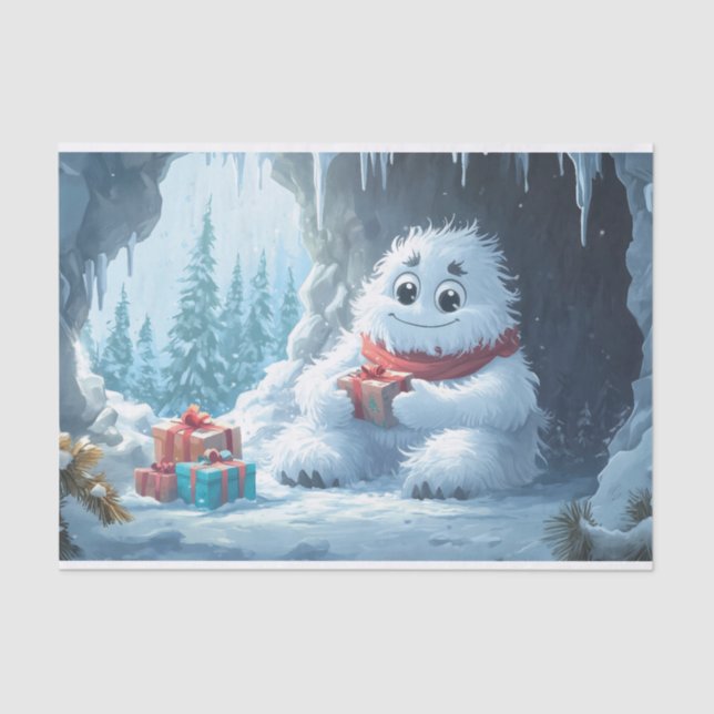 Papel De Seda Yeti Adorável com Presentes de Natal em uma Cavern (Frente )