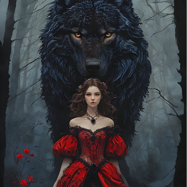 Papel De Seda Young Woman In Red Gown With Black Wolf Guardian (Criador carregado)