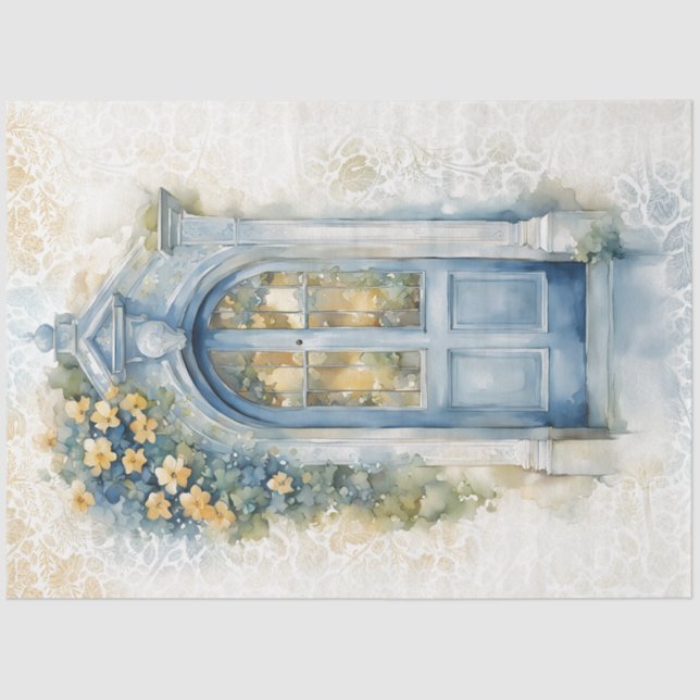 Papel de Tecido Azul Floral e Amarelo para Decoupa (Frente )