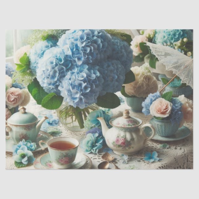 Papel de Tecido de Decoupage Azul Hydrangea e Chap (Frente )