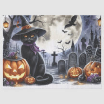 Papel de Tecido de Decoupage de Gato Negro Hallowe