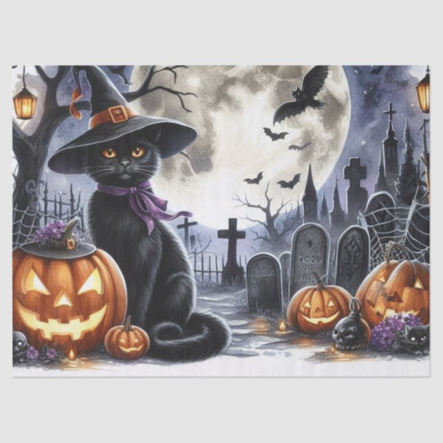 Papel de Tecido de Decoupage de Gato Negro Hallowe (Frente )
