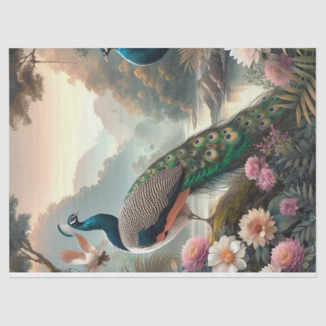 Papel de Tecido de Decoupage Floral de Peacock Ele (Frente )