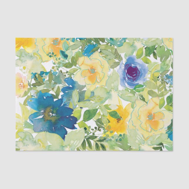 Papel de Tecido Floral Primavera azul e amarelo (Frente )