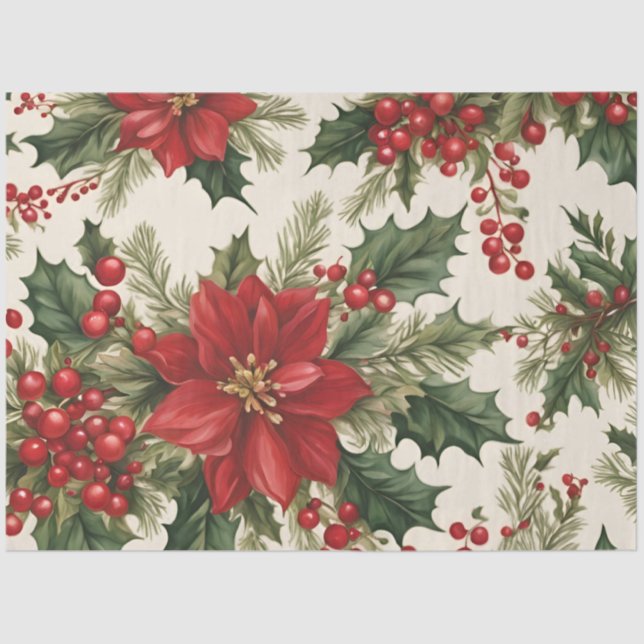 Papel de Tecido Holly e Red Berries de Natal (Frente )