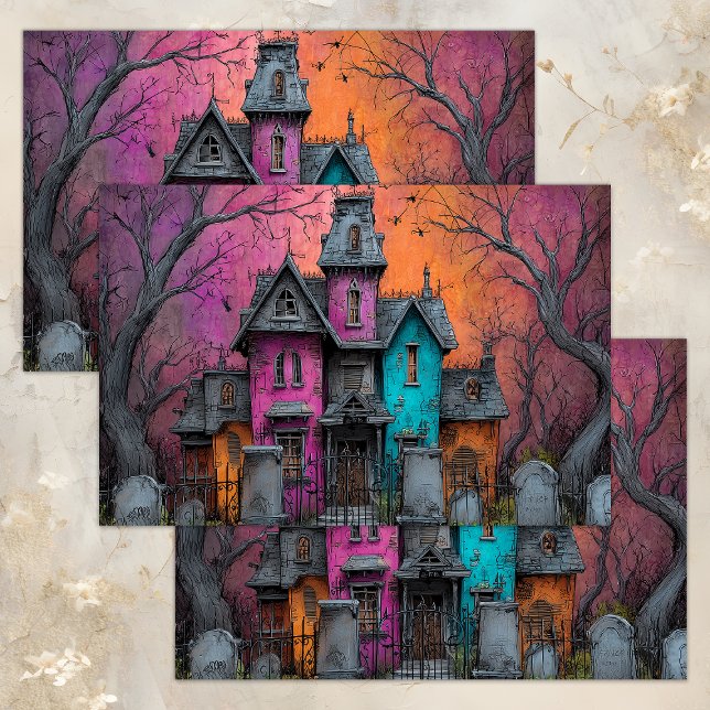PAPEL DE TECIDOS DE DECOPÁGIO DE MANSÃO HAUNTED VI (VIBRANT HAUNTED MANSION DECOUPAGE TISSUE PAPER)