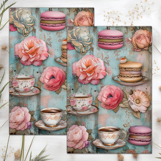 PAPEL DE TECIDOS DE DECOPÁGIO DO CHÁ E MACARÕES (TEA AND MACARONS DECOUPAGE TISSUE PAPER)