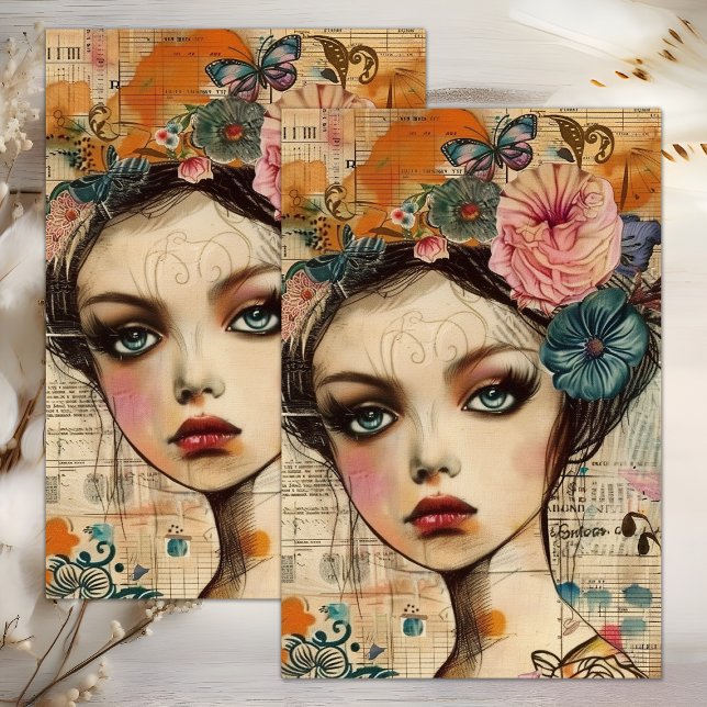 PAPEL DE TECIDOS DE DECOUPAGEM DA GAROTA FLOR BOHO (BOHO FLOWER GIRL DECOUPAGE TISSUE PAPER)