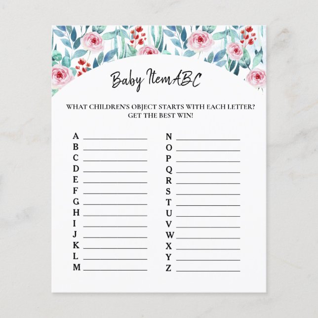 Papel do jogo "Baby Item ABC" para o chá de fralda (Frente)