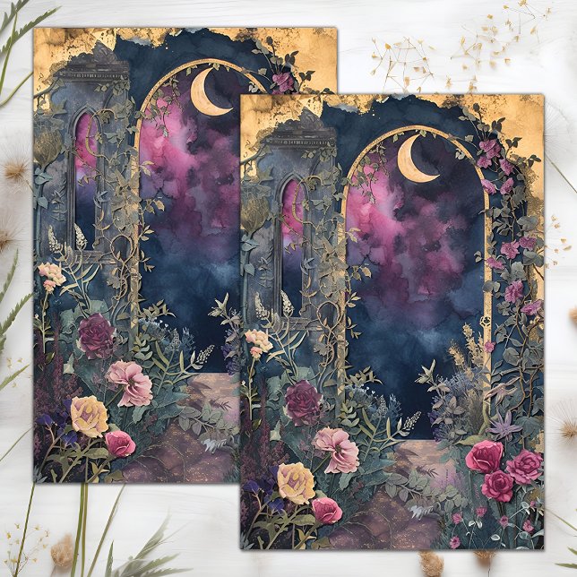 PAPEL DO TECIDO DE DECOUPAÇÃO DA LUA-NOITE (MIDNIGHT MOON GARDEN DECOUPAGE TISSUE PAPER)
