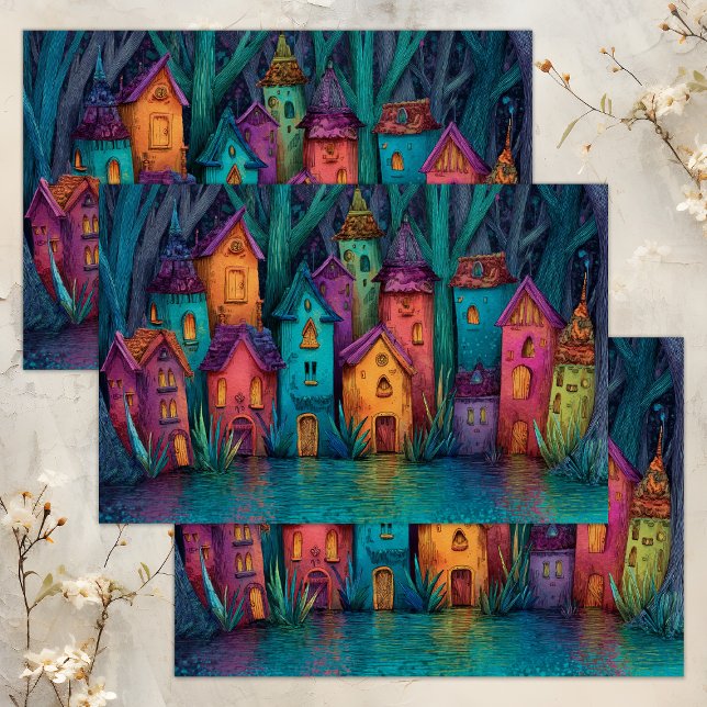 PAPEL DO TECIDO DE DECOUPAGEM DO COLORIDO FAIRY (COLORFUL FAIRY VILLAGE DECOUPAGE TISSUE PAPER)