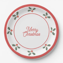 Feliz Natal Prato de Azevinho Vermelho e Branco
