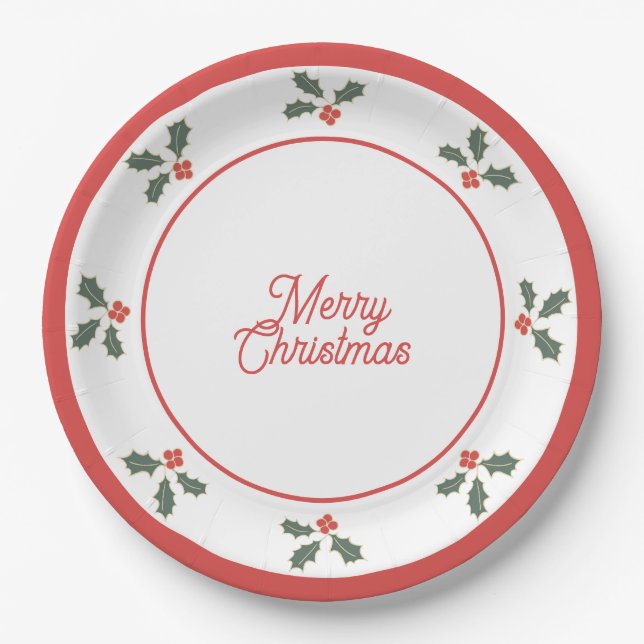 Papel Feliz Natal Prato de Azevinho Vermelho e Branco (Frente)
