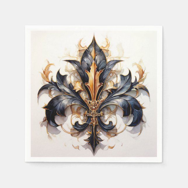 Papel Fleur de lis Cocktail guardanapo preto e Dourado (Frente)