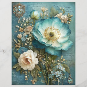Papel Flor Turquesa Verde-Jornais para Scrapbook