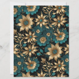 Papel Floral com Efeito Metálico em Azul Teal Escu