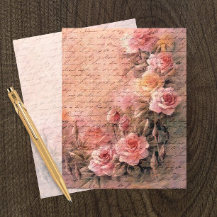 Papel Floral Rosas Antigas Letras Manuscritas para
