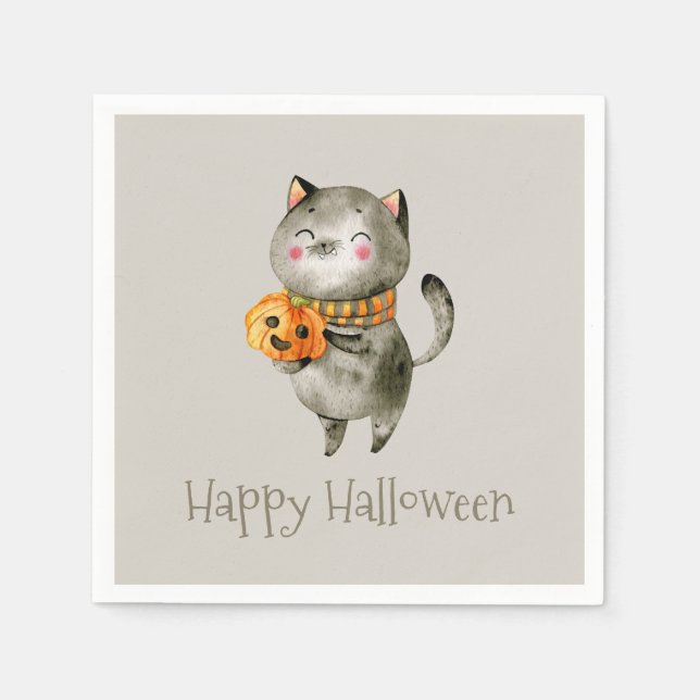 Papel Gato de Halloween bonito com abóbora | Guardanapo (Frente)