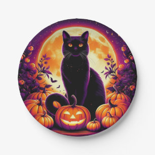Papel Gato Preto Sob a Lua Cheia no Halloween prato de p