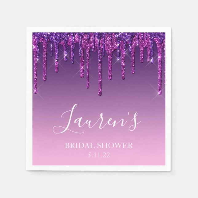 Papel Guardanapo - Chuva de Brilho Roxo e Rosa para Chá  (Frente)