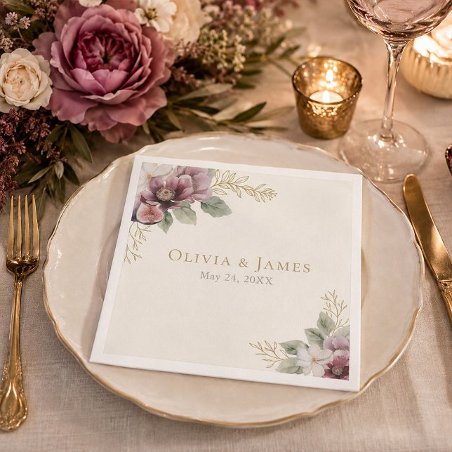 Papel Guardanapo de casamento botânico com ameixa e azei (Plum & Olive Botanical Wedding Napkin)