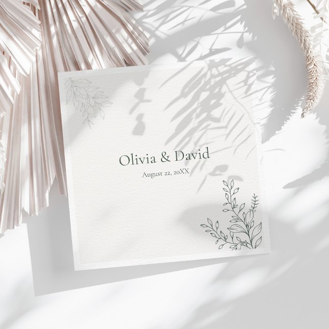 Papel Guardanapo de casamento botânico em verde sage min (Minimal Sage Green Botanical Wedding Napkin on a sunny table with white dry botanicals)