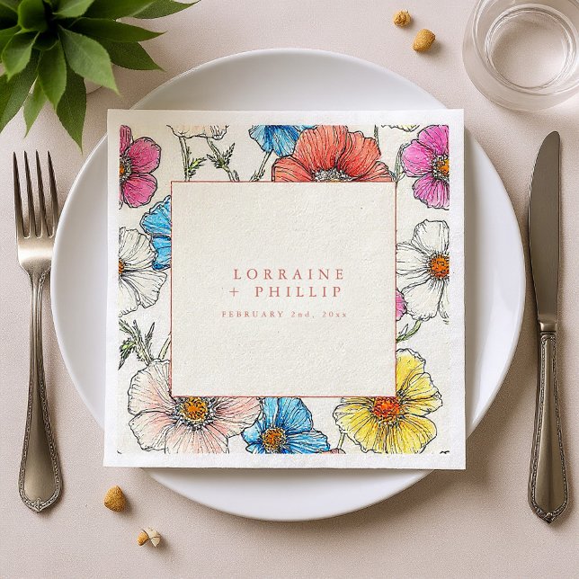 Papel Guardanapo de casamento com flores silvestres bril (Large bright wild flowers wedding napkin.)