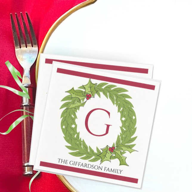 Papel Guardanapo de Cocktail com Monograma Personalizado (Personalized Monogram Christmas Wreath Red Green Custom Family Name Cocktail Drink Party Napkins)