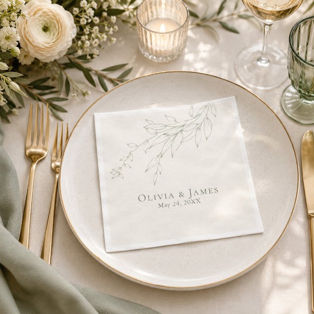Papel Guardanapo de Noiva Botânico Verde Sálvia (Sage Green Botanical Wedding Napkin on an elegant  wedding dinner table)