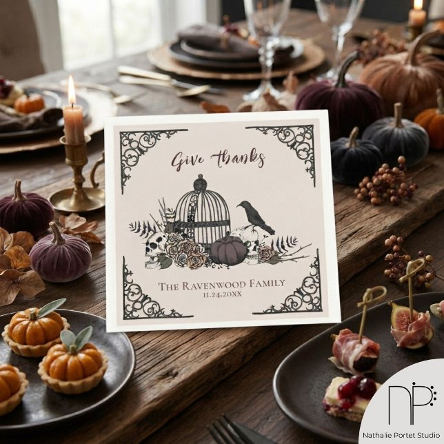 Papel Guardanapo gaiola de pássaro gótico de agradecimen (This gothic thanksgiving napkin features hand-drawn birdcages and skulls for elegant fall dinners.)