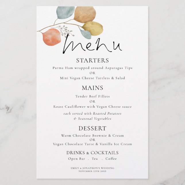 PAPEL | Menu de Casamento de Folhagem Moderna em A (Frente)