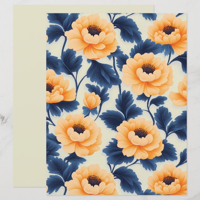 Papel para Scrapbook com Flores de Peônia Amarela  (Frente/Verso)