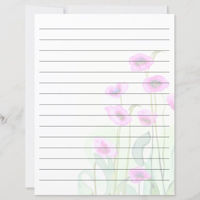 Papel pautado com papoulas em aquarela rosa (Frente)