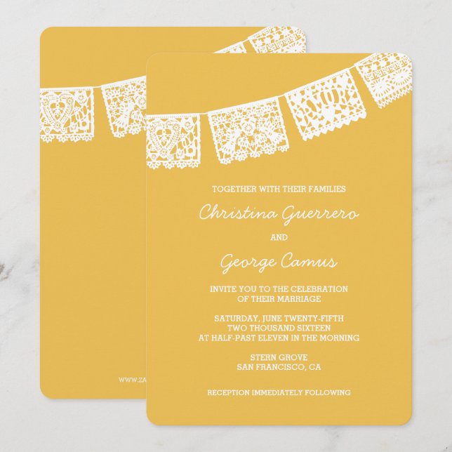 Papel Picado amarelo | Convite Para Casamento (Frente/Verso)