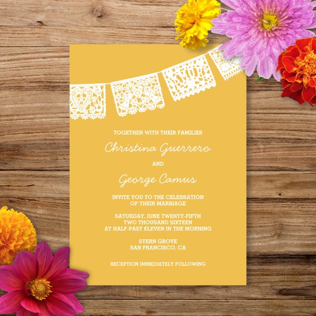 Papel Picado amarelo | Convite Para Casamento (Criador carregado)
