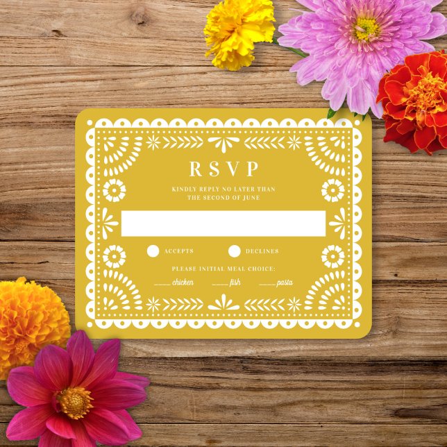 Papel Picado Amarelo quente | Cartão RSVP de Respo (Criador carregado)