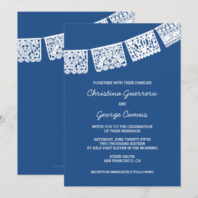 Papel Picado Azul | Convite Para Casamento (Frente/Verso)