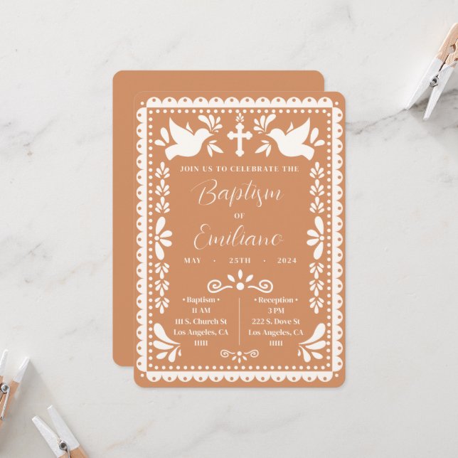 Papel Picado Baptism Convite de festas mexicano (Frente/Verso In Situ)