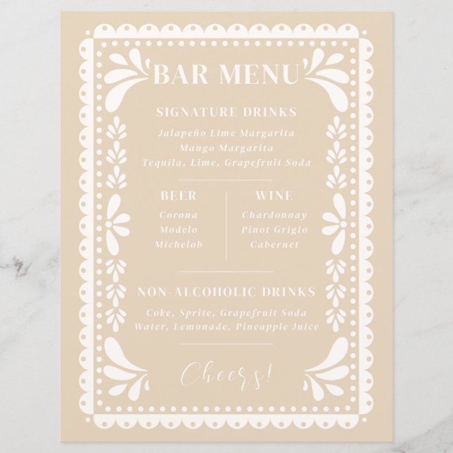 Papel Picado Bar Menu Moderno Mexicano (Frente)