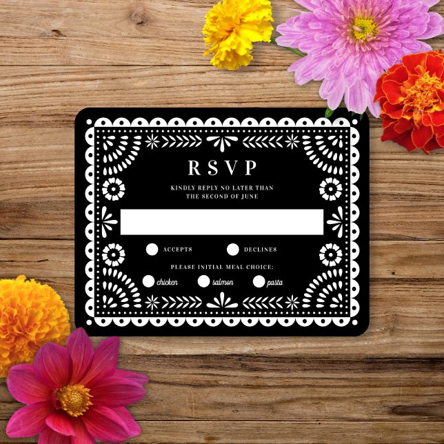Papel Picado Black | Cartão RSVP de Resposta de Ca (Criador carregado)