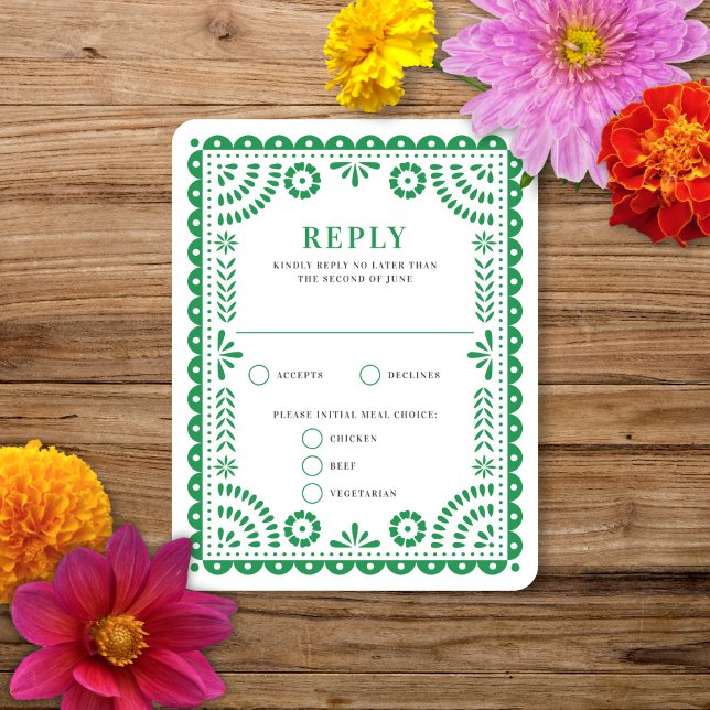 Papel Picado Green | Cartão RSVP de Resposta de Ca (Criador carregado)