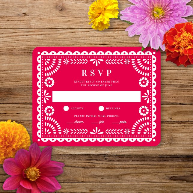 Papel Picado Rosa Quente | Cartão RSVP de Resposta (Criador carregado)
